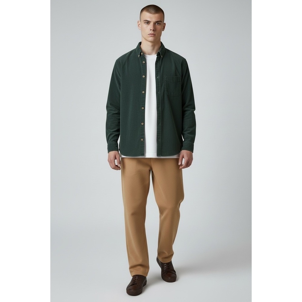 HM LOGG Mens Medium Forest Green Corduroy Button Down Shirt Regular Fit Cotton